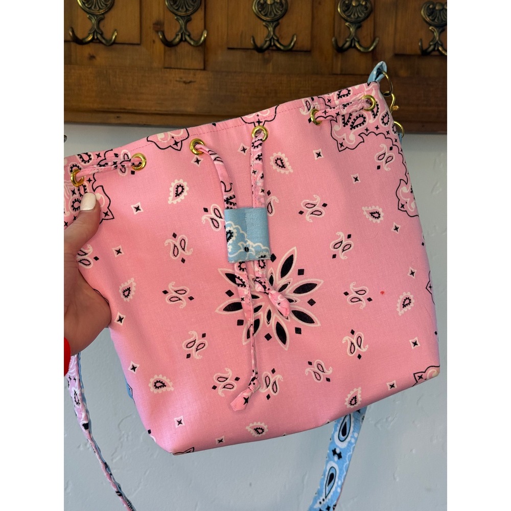 Handmade Reversible Bandana Bucket Bag Pink Blue Paisley Crossbody Drawstring